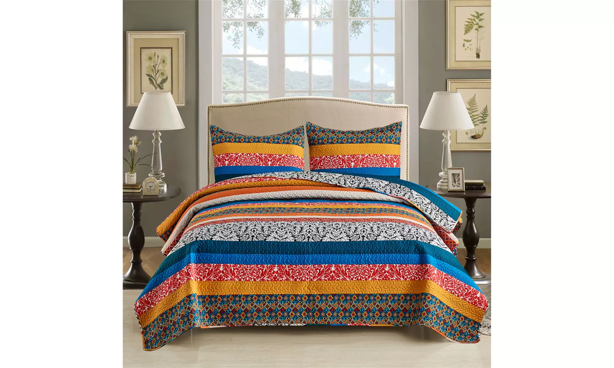 JML 3-Piece Reversible Quilt Set,Home Collection Printed Bedspread With 2 Shams