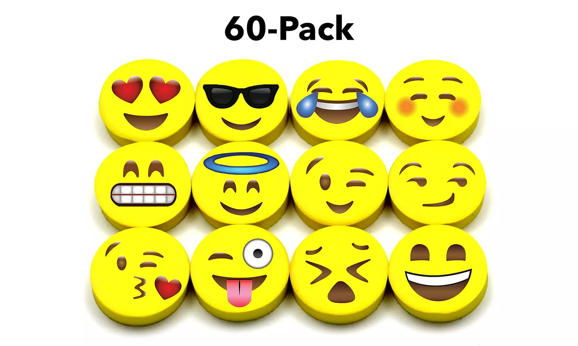 LiveEco Emoji Erasers for Kids, 60 Emoji Pencil Eraser Bulk Pack - Primary Image