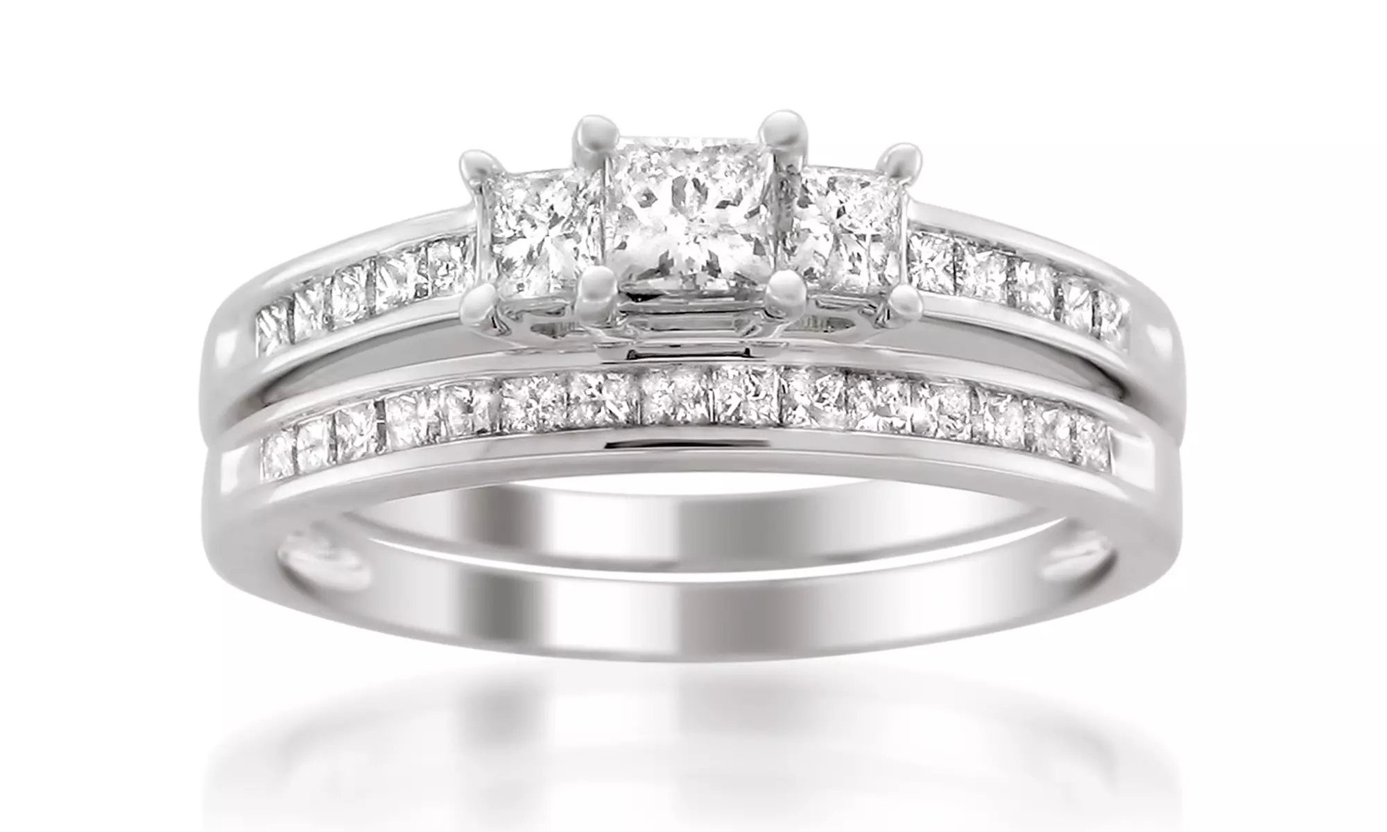 1.00 CTTW Princess-Cut Three-Stone Diamond Bridal Set Band in 14K White Gold - Primary Image