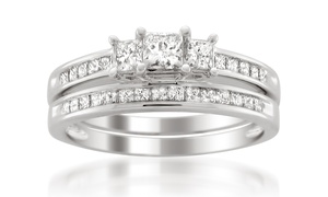 1.00 CTTW Princess-Cut Three-Stone Diamond Bridal Set Band in 14K White Gold