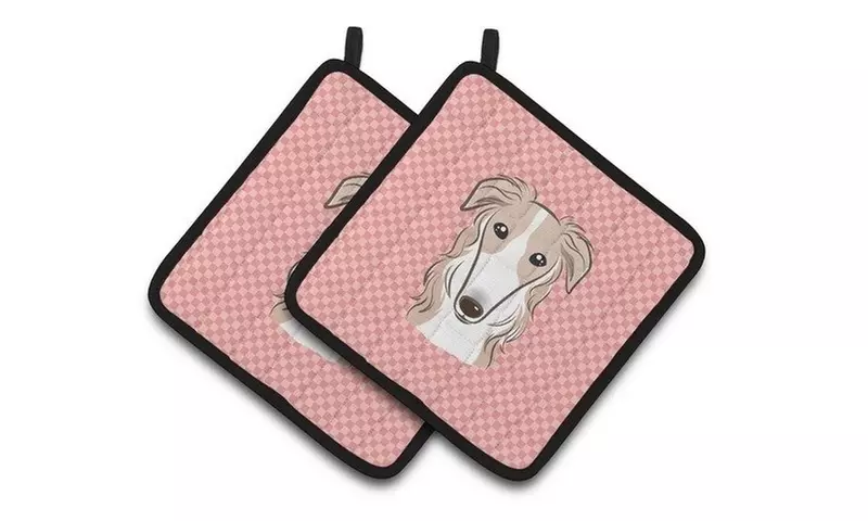 Carolines Treasures BB1228PTHD Checkerboard Pink Borzoi Pair of Pot Holders 7.5  - Primary Image