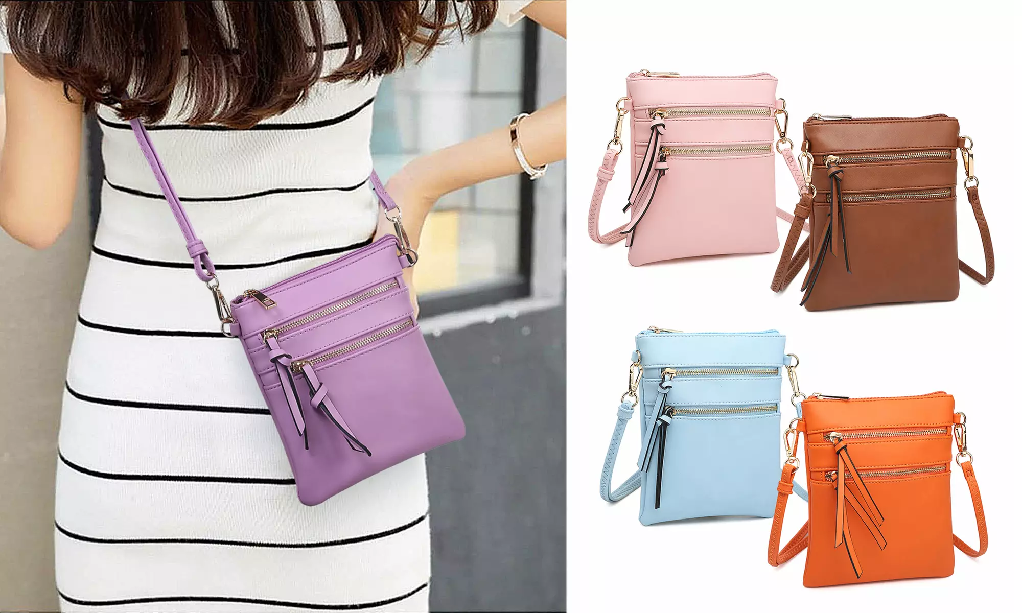 MMK Collection Ellie Soft Faux Leather Tri-zipped Messenger Crossbody HandBag  - Primary Image