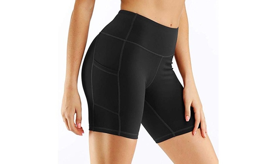 Image 7: Women's High Waist Workout Yoga Compression Shorts Tummy Control Side Pockets 