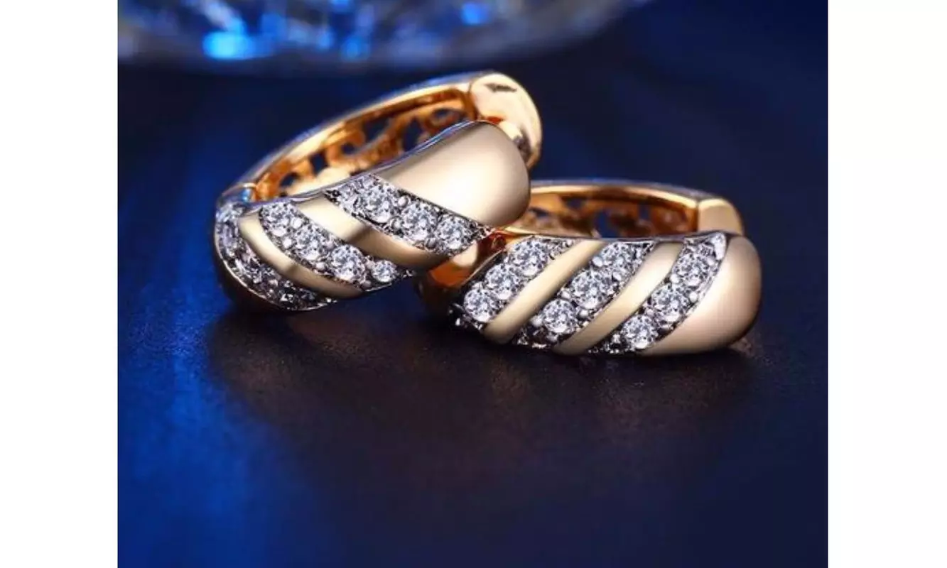 18K Gold CZ Crystal 3-Row Hoop Huggie Earrings