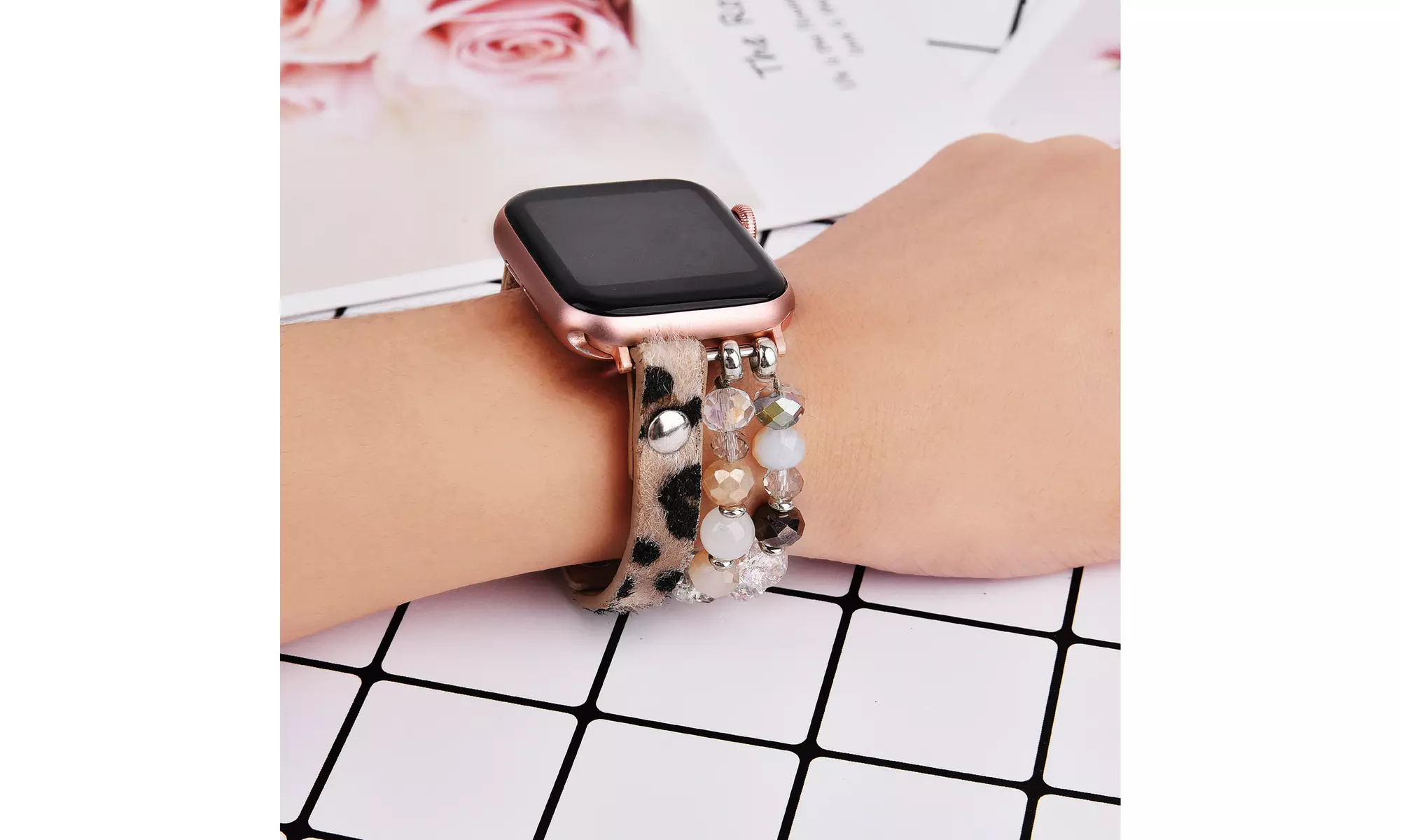 Leopard Calf Leather and Crystal Apple Watch Band All Series