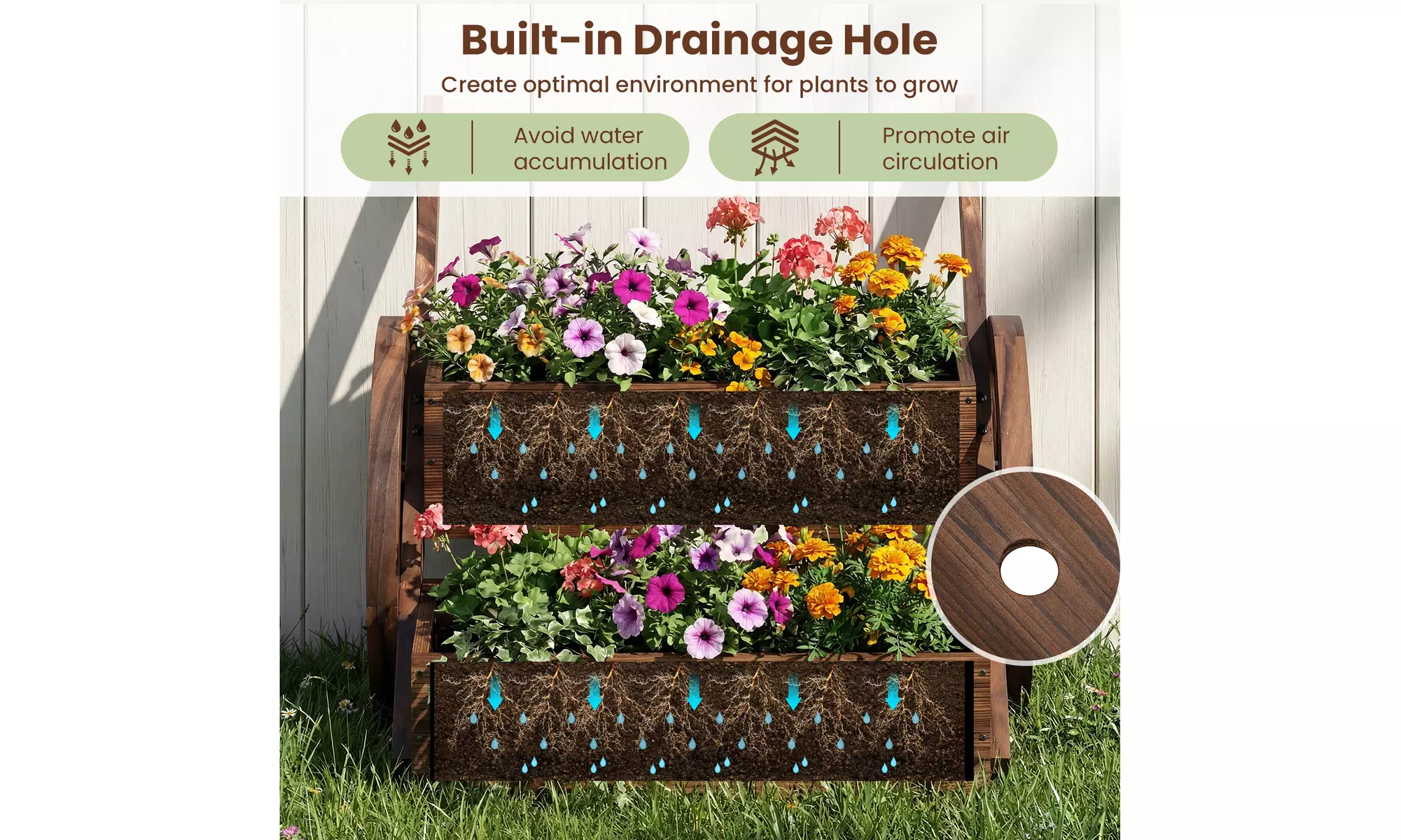 Costway 2-Tier Rustic Wooden Wagon Planter Box with Drainage Holes