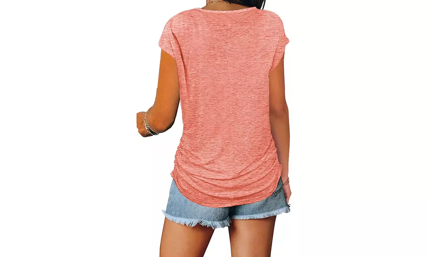 Women's Casual Zip Up T-Shirts Fall Winter Deep V Neck Short Sleeve Tunic Tops