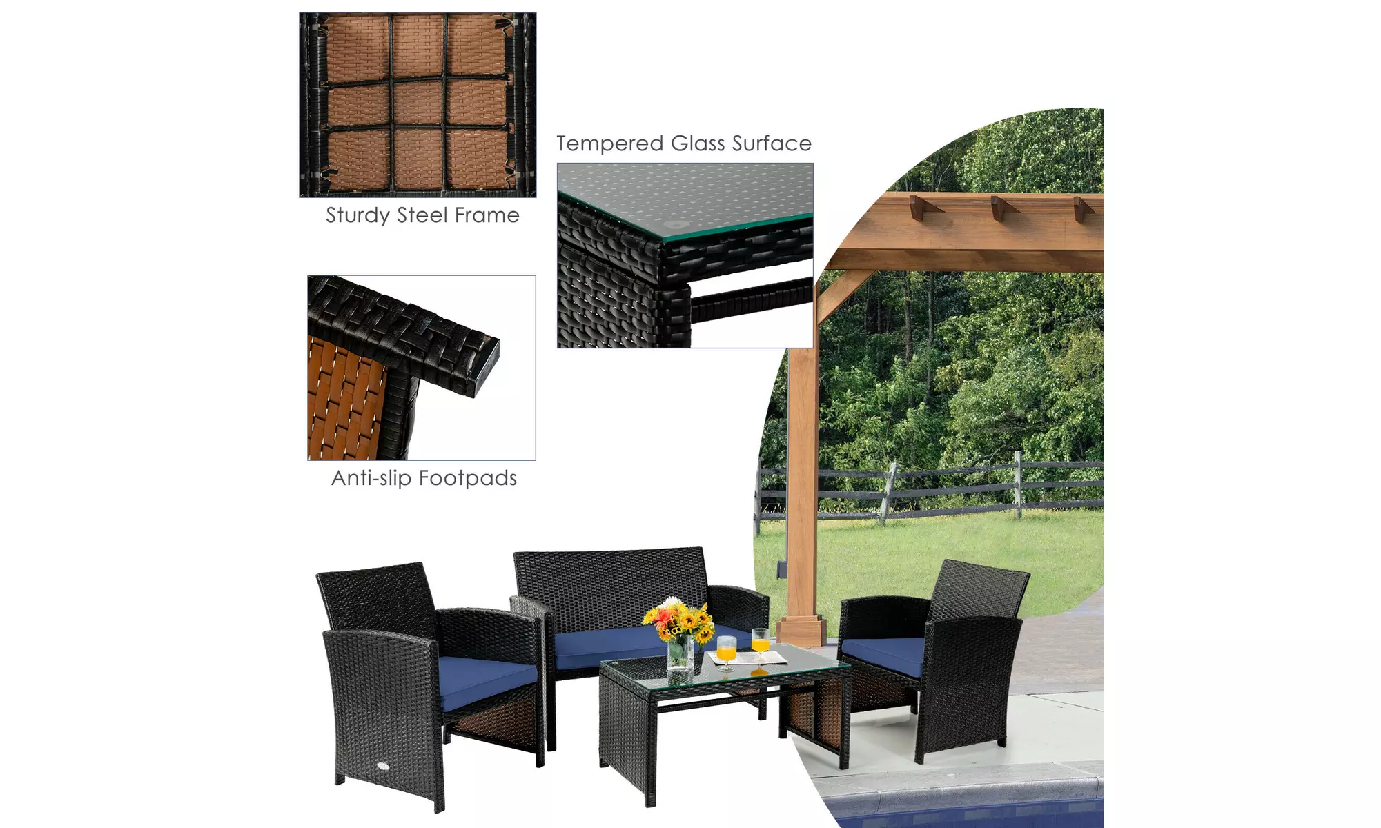 Costway 4PCS Patio Rattan Furniture Set Cushioned Chair Sofa Coffee Table Navy