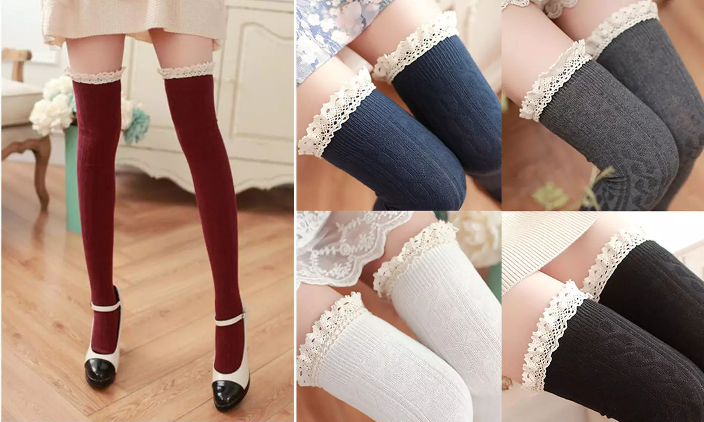 Women Girls Lace Tube Thigh High Over the Knee Socks Long Cotton Stockings - Primary Image