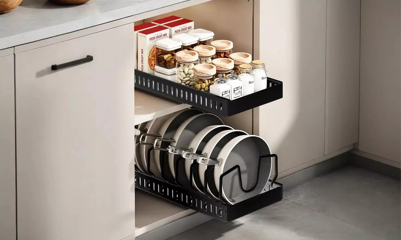 NewHome Pull-Out Pots & Pans Organizer with 8 Adjustable Dividers for Cabinets