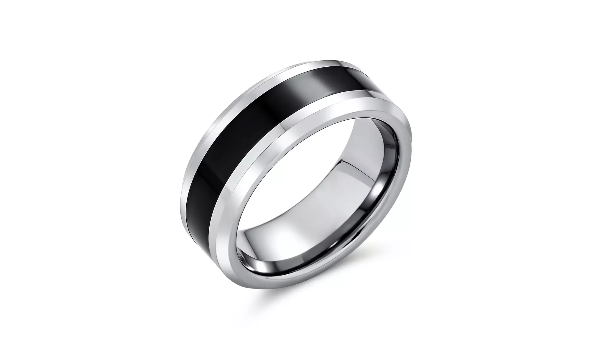 Two Tone Black Couples Wedding Band Titanium Ring Beveled Edge 8MM - Primary Image
