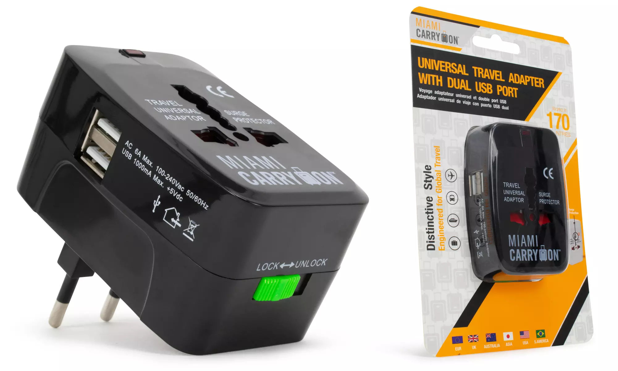 Miami CarryOn International Travel Adapter with Two USB Ports (1/2/3/4 Packs)