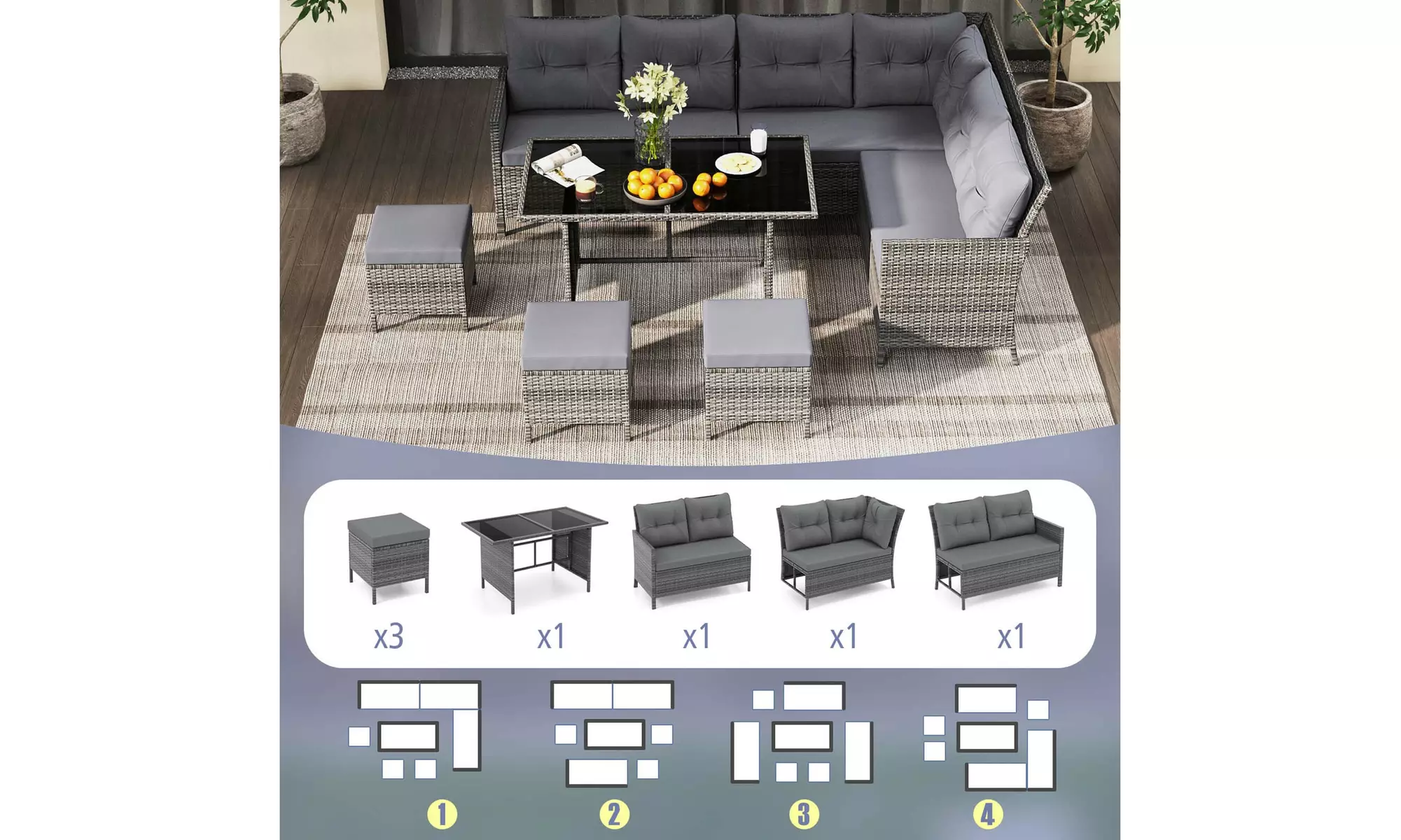 Costway 7-Piece PE Rattan Patio Dining and Sectional Sofa Set