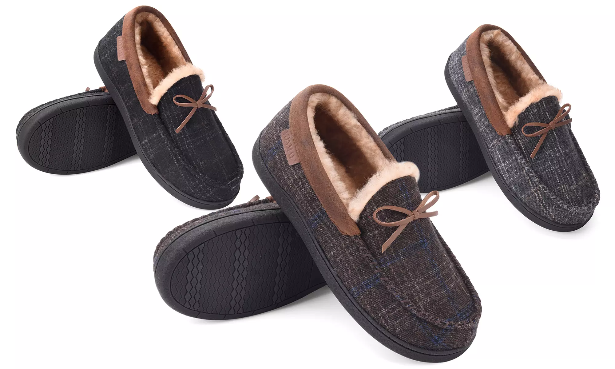 VONMAY Moccasin Slippers for Men Plaid Suede House Shoes Fleece Slippers - Primary Image