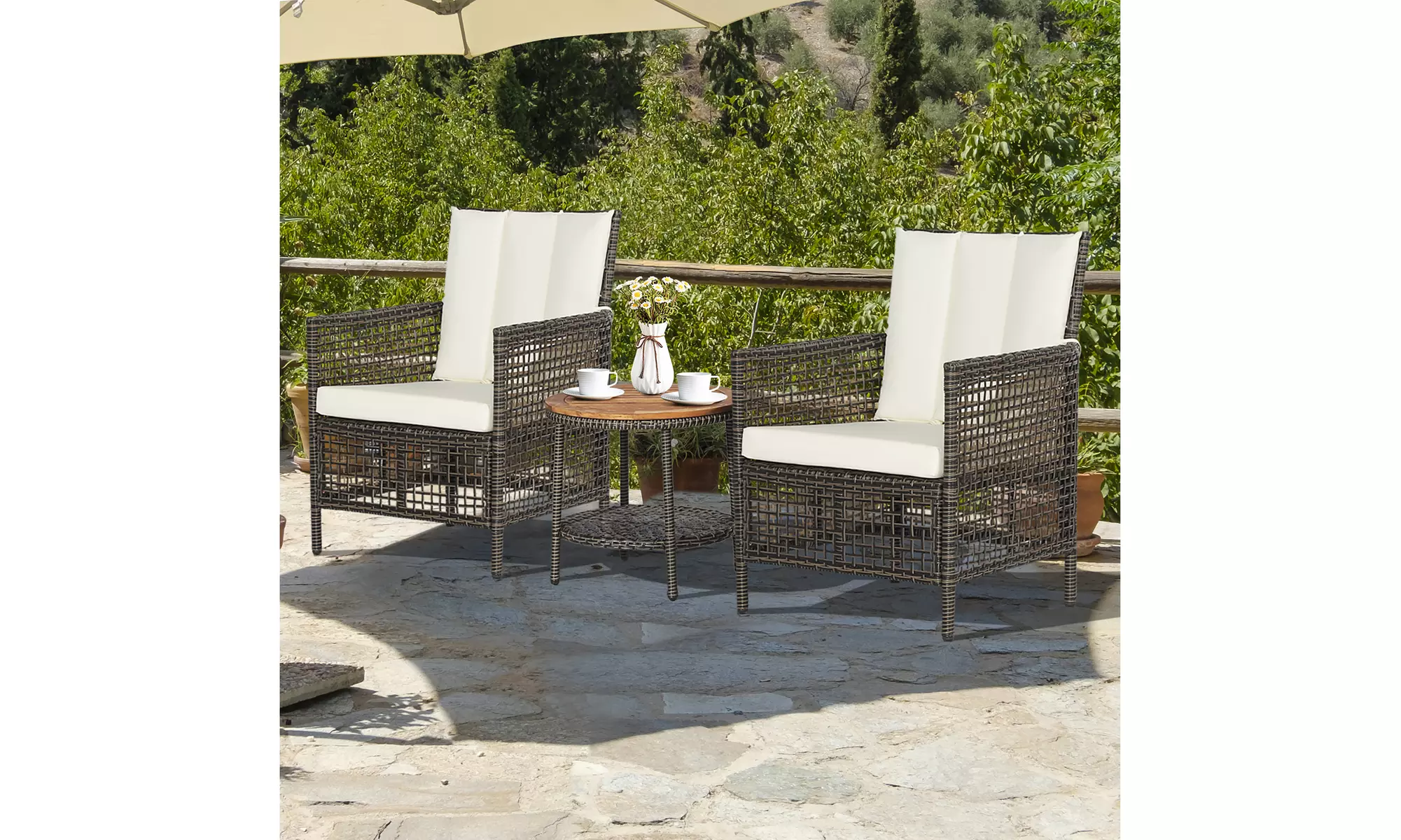 Costway Patiojoy 3PCS Patio Rattan Furniture Set Cushioned Sofas Wood Table Top - Primary Image