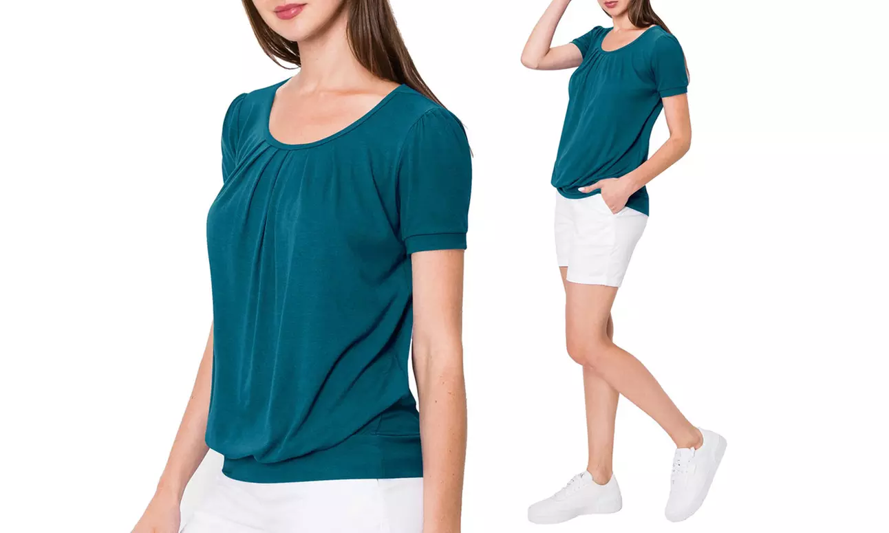 Made by Johnny Women's Scoop Neck Short Sleeve Front Pleated Blouse