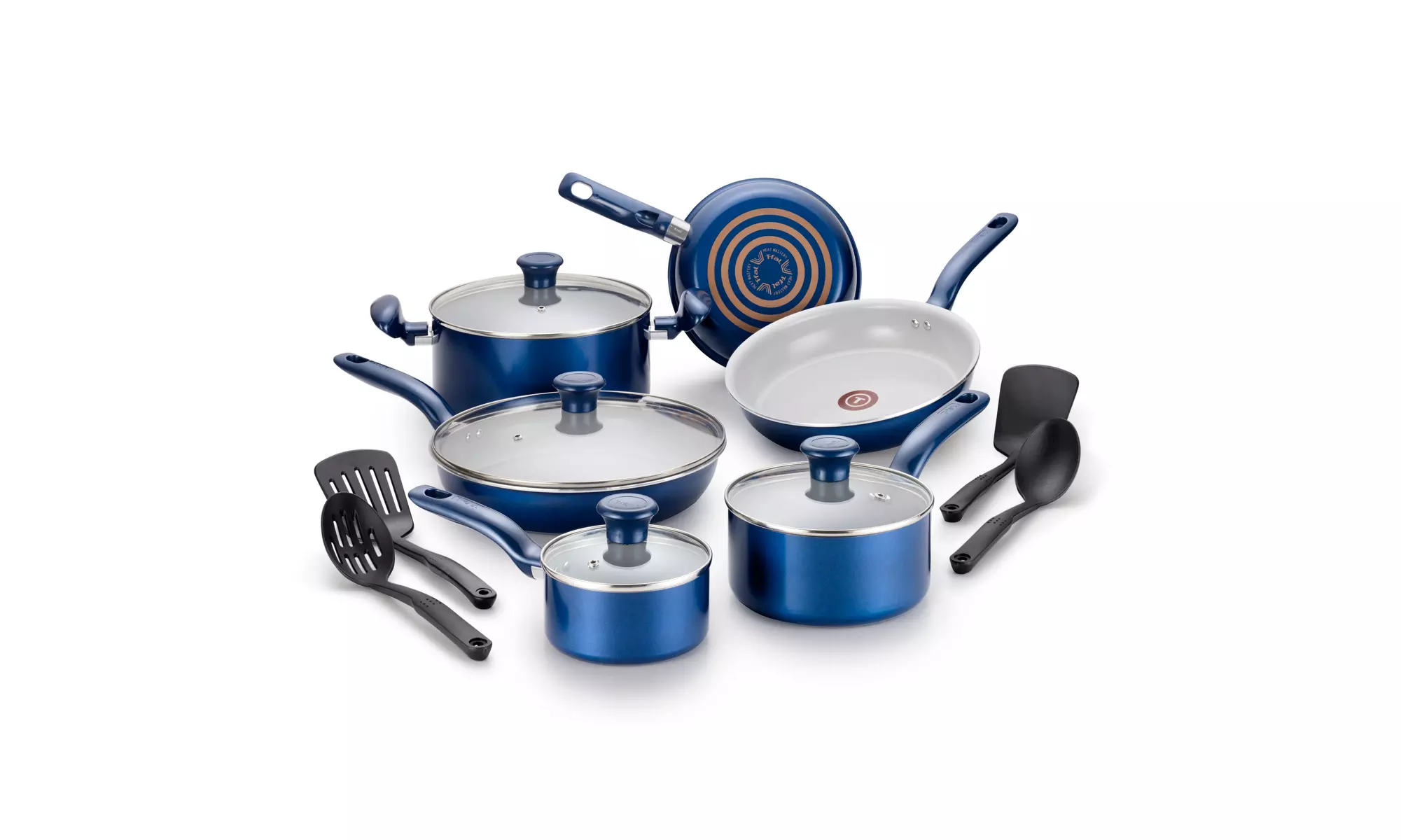 T-fal G918SE64 Initiatives 14-Piece Ceramic Cookware Set, Blue - Primary Image