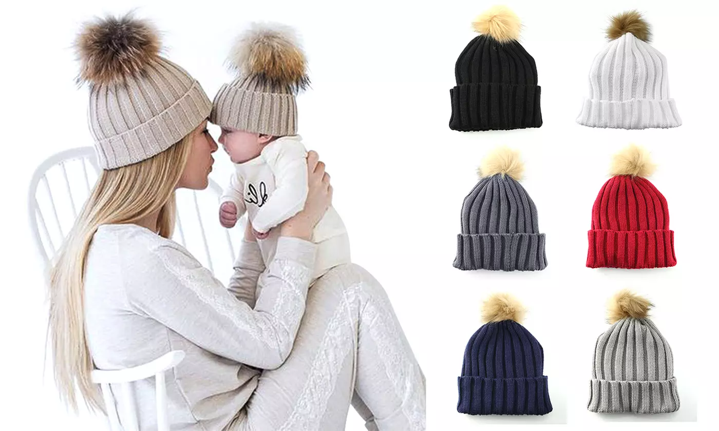 Women Knit Hat Winter Beanie with PomPom Slouchy Stretch Warm Hats Cap - Primary Image