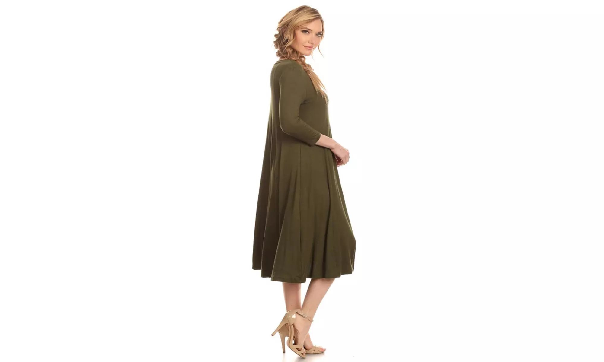 Women's Solid Casual Comfy 3/4 Sleeve Loose Fit A-line Midi Dress