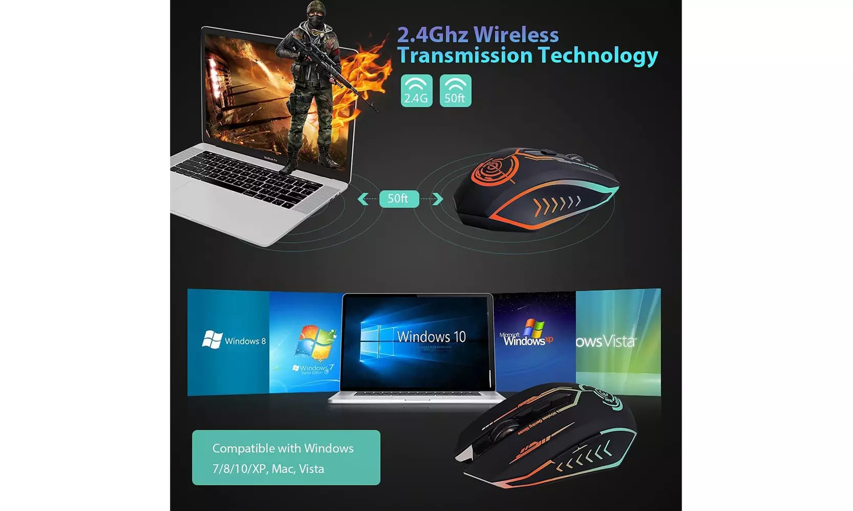 Uhuru VM-02 Wireless Gaming Rechargeable Mouse Up to 10000 DPI (Black) - New