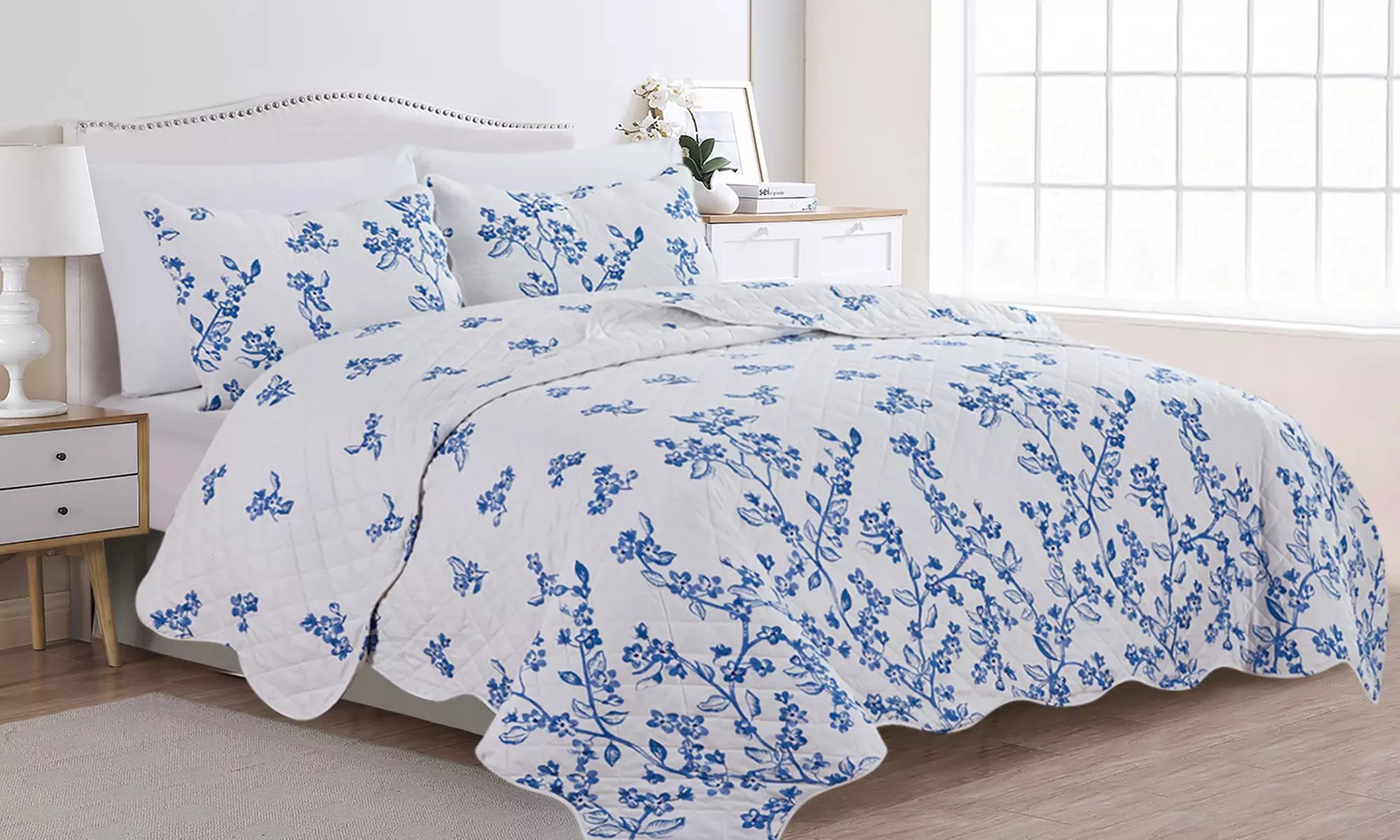 Reversible Blue Floral Quilt Set Bedspread (2- or 3-Piece) - Primary Image