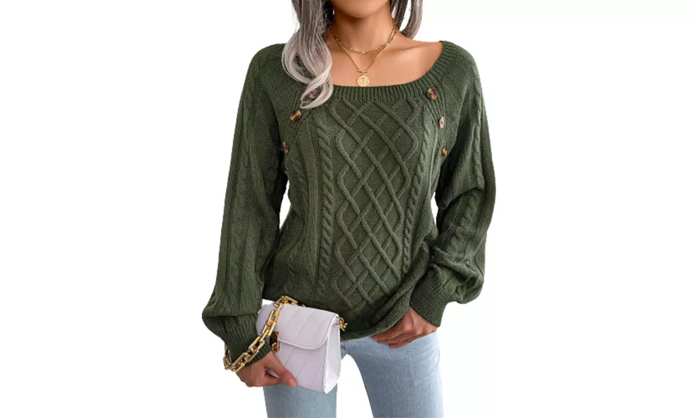 Women's Bishop Sleeve Sweater Button Decor Solid Color Pullover Jumper Tops