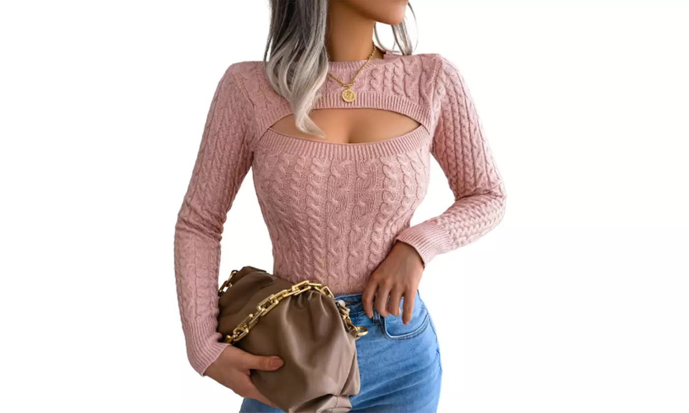 Women's Cut-out Front Solid Pullover Sweater Skinny Long Sleeve Jumper Tops