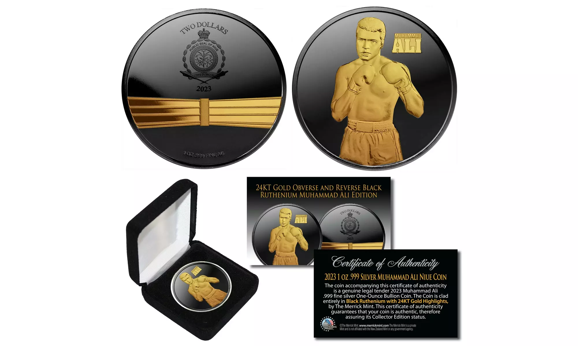 2023 MUHAMMAD ALI Niue 1 oz Pure Silver BLACK RUTHENIUM & 24K GOLD Coin with Box - Primary Image