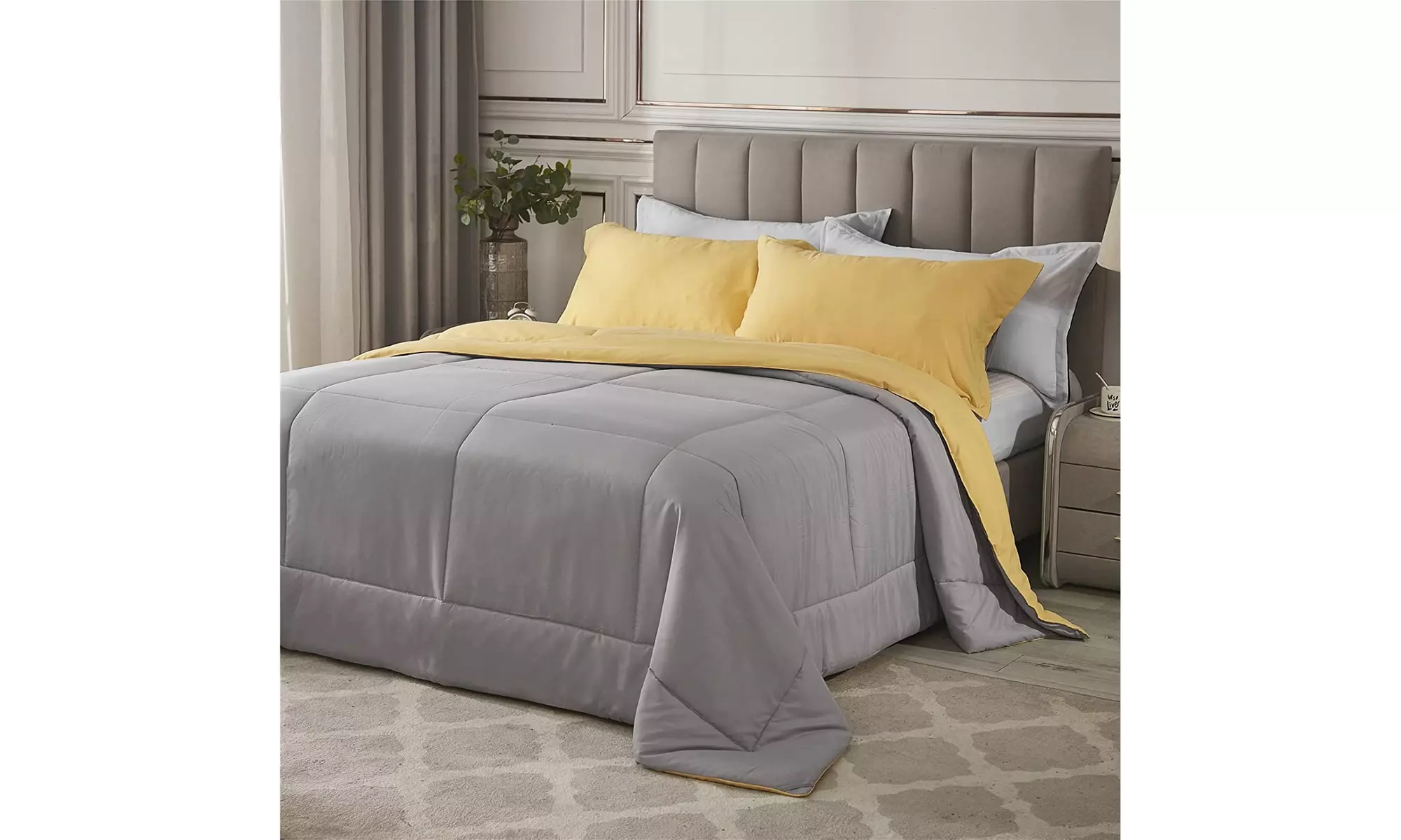 LOVINSUNSHINE Yellow Grey Comforter Set Queen Lightweight Bedding - Primary Image