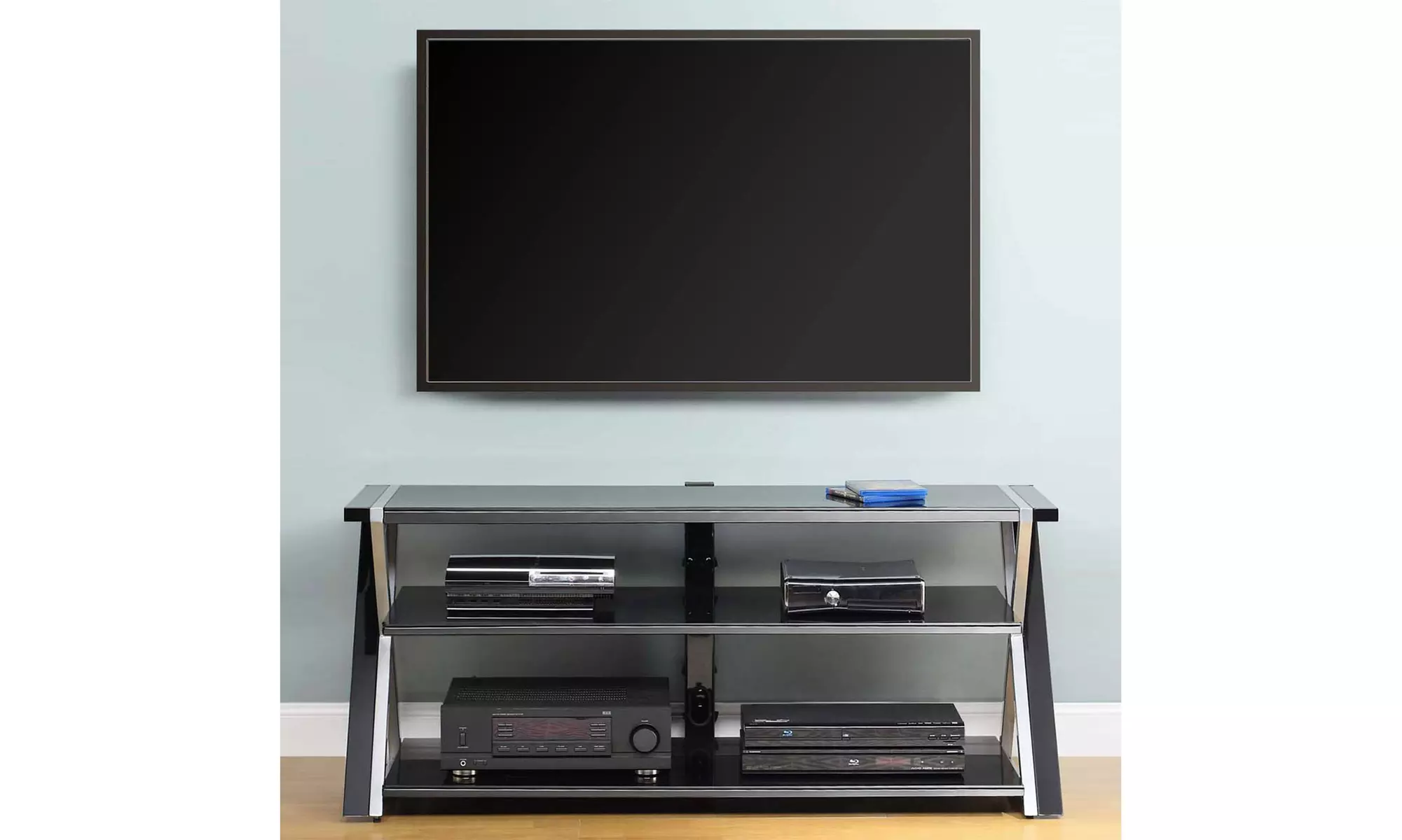 Whalen Black TV Stand for 65" Flat Panel TVs with Tempered Glass Shelves - Primary Image