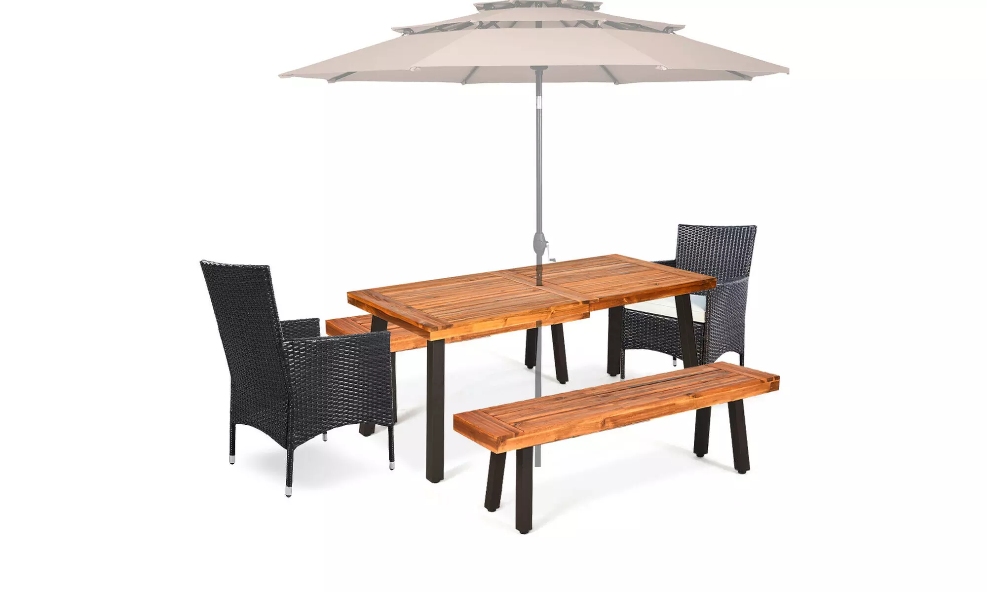 5 -Piece Acacia Wood Dining Set w/2 Wicker Chair 2 Bench Umbrella Hole