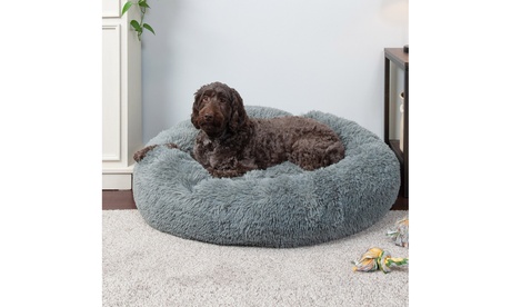 FurHaven | Calming Cuddler Long Fur Donut Pet Bed for Dogs & Cats  Gray  Jumbo