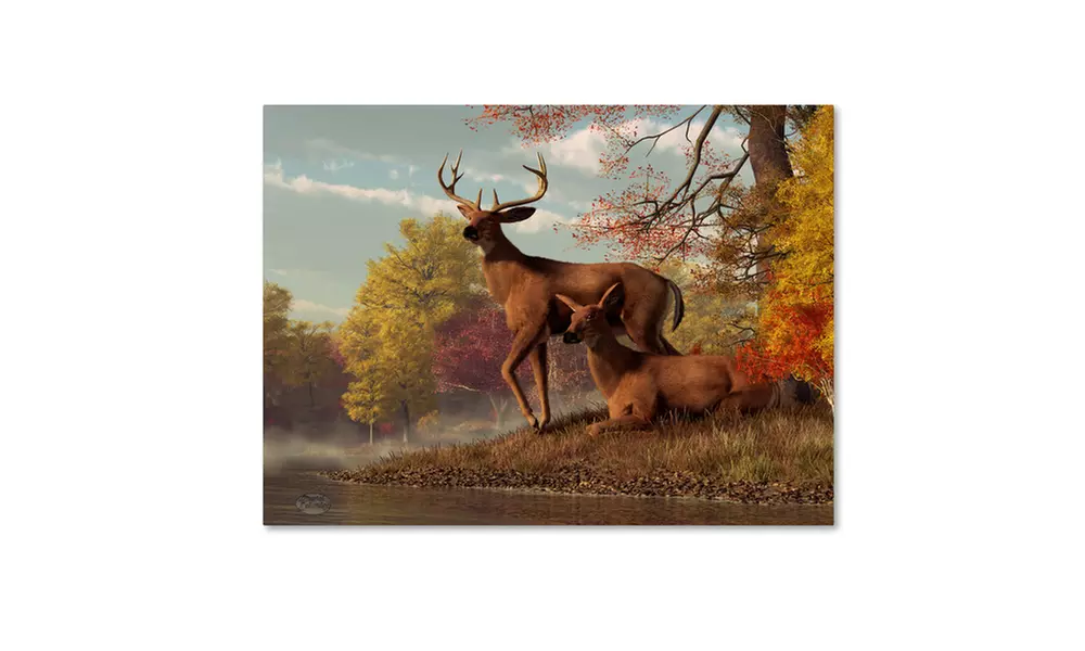 Daniel Eskridge 'Deer On An Autumn Lakeshore' Canvas Art - Primary Image