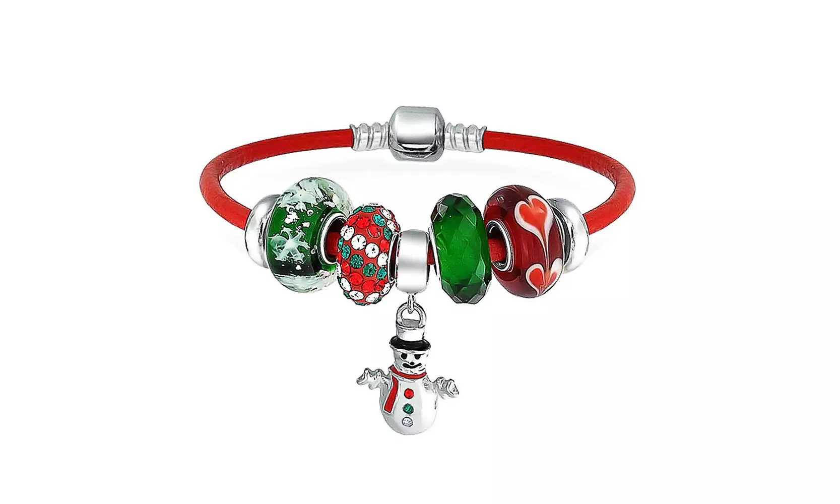 Christmas Snowman Winter Charm Bracelet Red Leather Sterling Silver - Primary Image