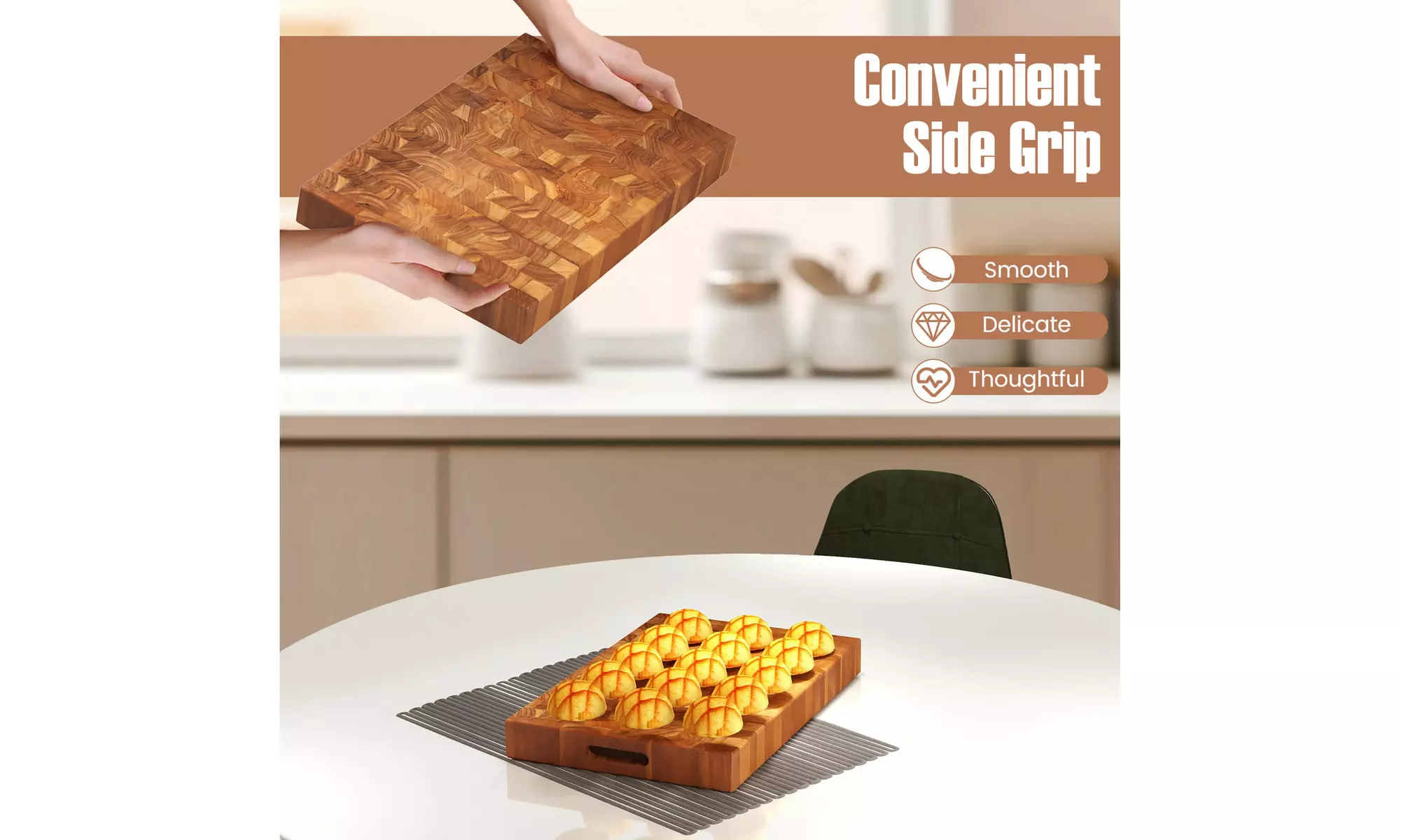 Costway End Grain Cutting Board 18" Teak Wood Chopping Block with Hand Grip