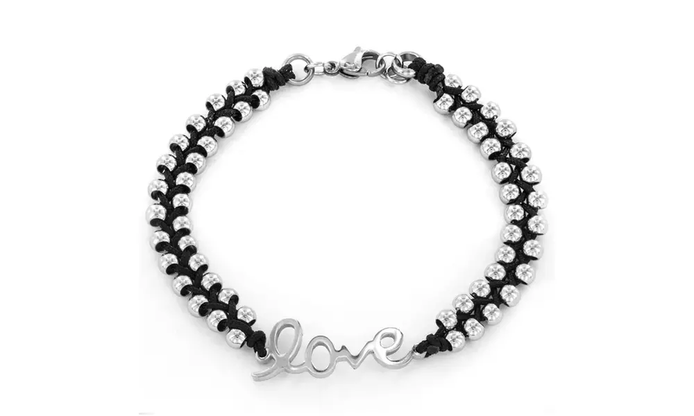 Stainless Steel Beaded and Braided Cord 'Love' Bracelet - Primary Image