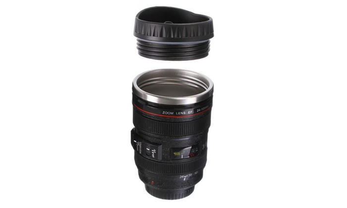 Camera Lens Coffee Mug- Travel Size Thermos Cup W/ Stainless Steel - Black