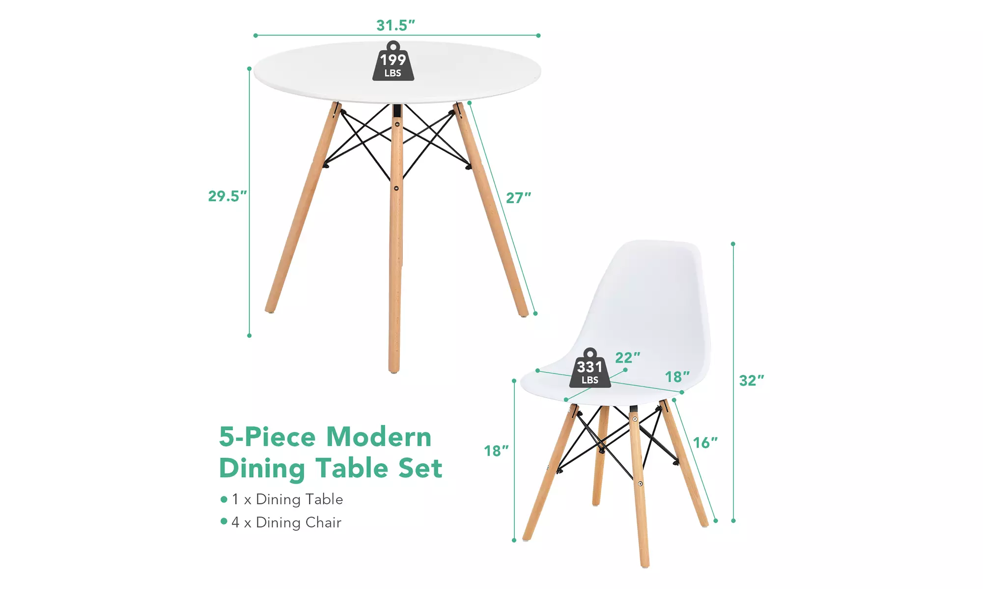 Costway Dining Table Set Modern 5 PCS For 4 Round Dining Room Table Set W/Solid - Second Medium