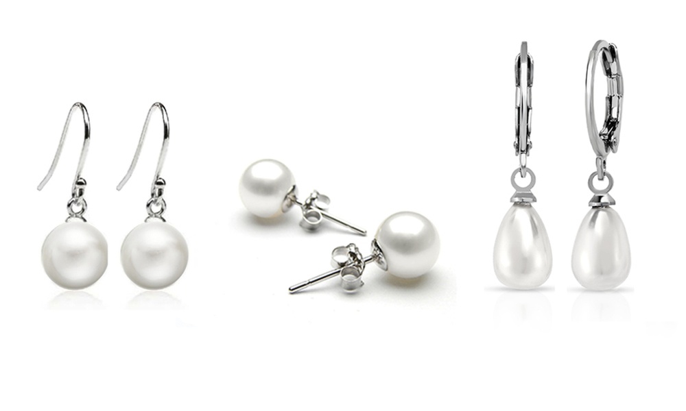 Set of 3 White Pearl Earring Set in 18k White Gold