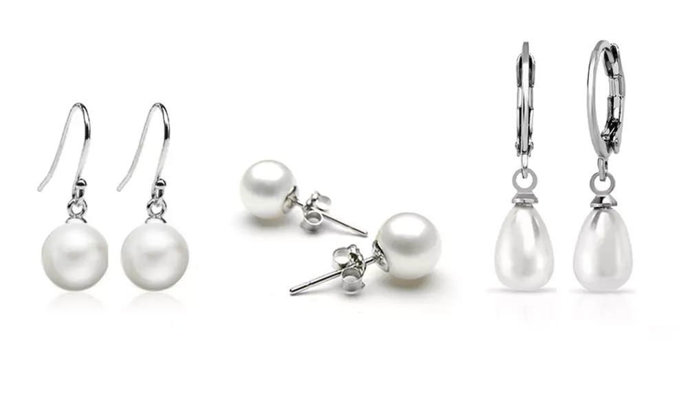 Set of 3 White Pearl Earring Set in 18k White Gold