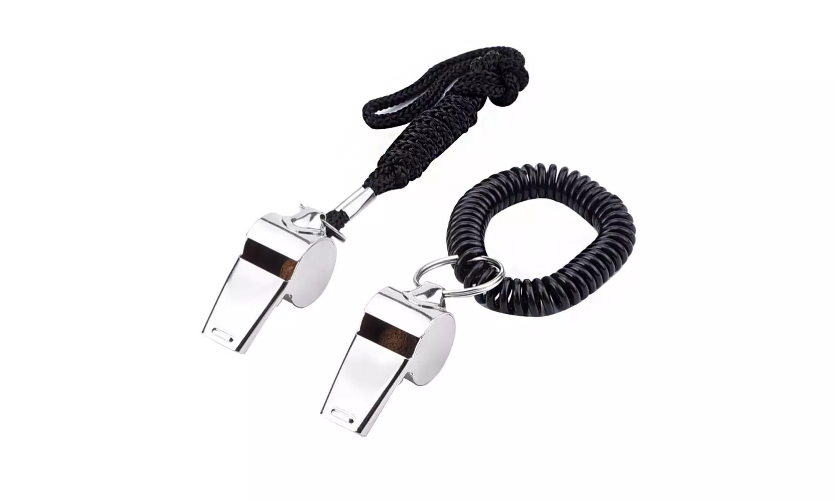 2 Football Soccer Sports Metal Referee Whistle Black Lanyard Emergency Survival - Primary Image