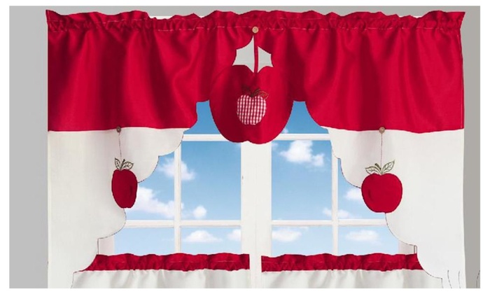 Chef's Apple 3 Piece Kitchen Curtain Valance Swag with 2 Tiers Set ...