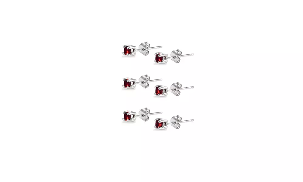 3-Pr Set Red 3mm Round Sterling Silver Stud Earrings Made w/ European Crystals
