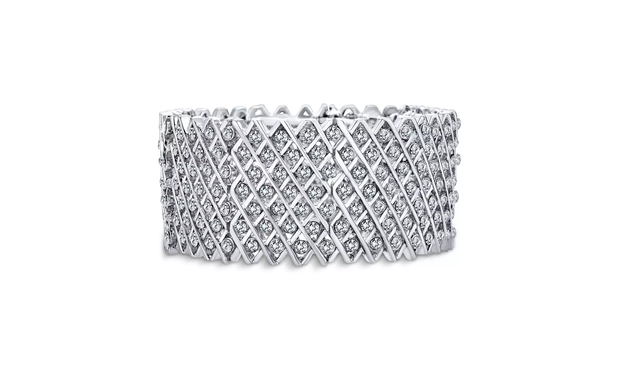Fashion Wide Silver Rose Gold Plate Crystal Statement Stretch Bracelet - Primary Image