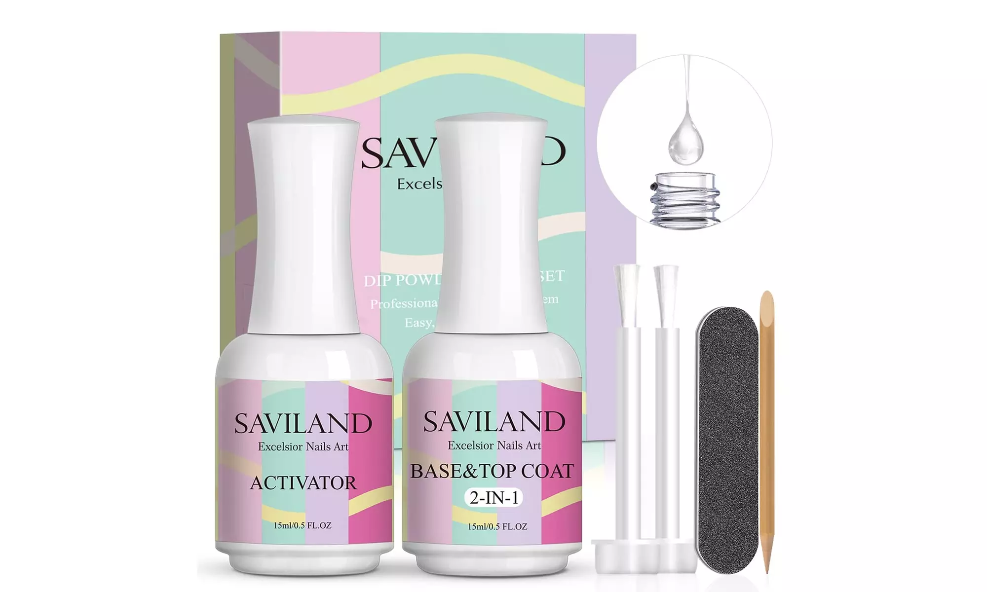 Saviland Dipping Powder Liquid Set Dip Powder Base & Top Coat with Activator - Primary Image