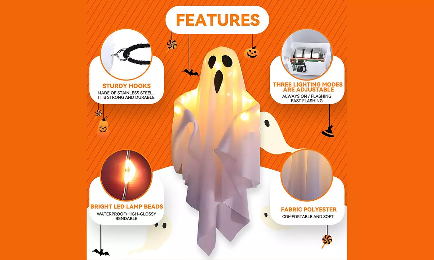 2Pcs Halloween LED Glowing Flying Ghosts, Cute Hanging Ghosts Indoor & Outdoor