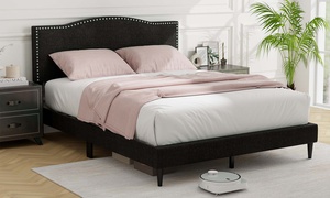 Costway Queen Size Upholstered Platform Bed Linen Bed Frame w/ Headboard