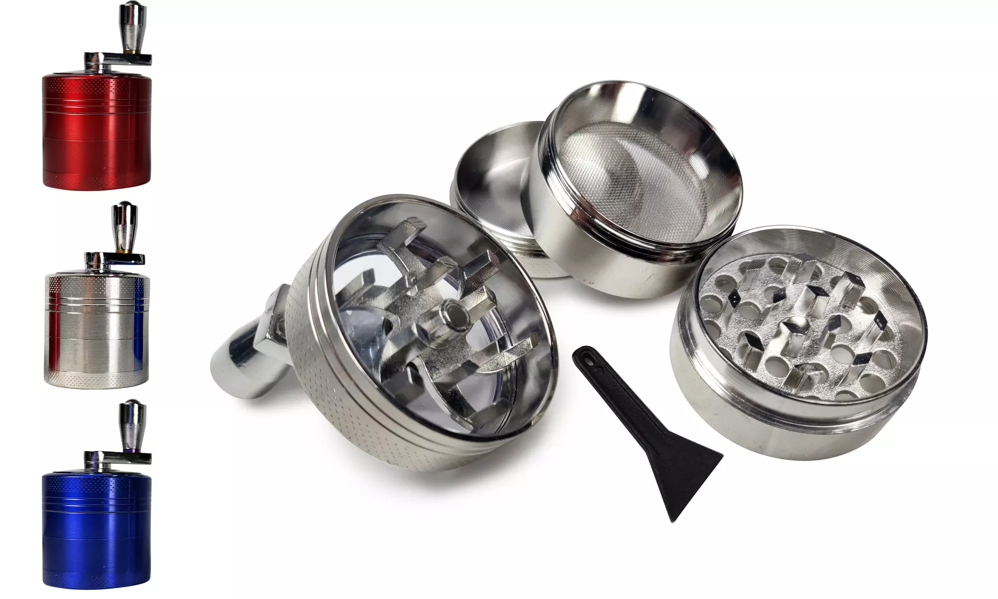 Mini Aluminum 4 Pc Herb Grinder with Crank Handle & Pollen Catcher  - 3 Colors - Primary Image