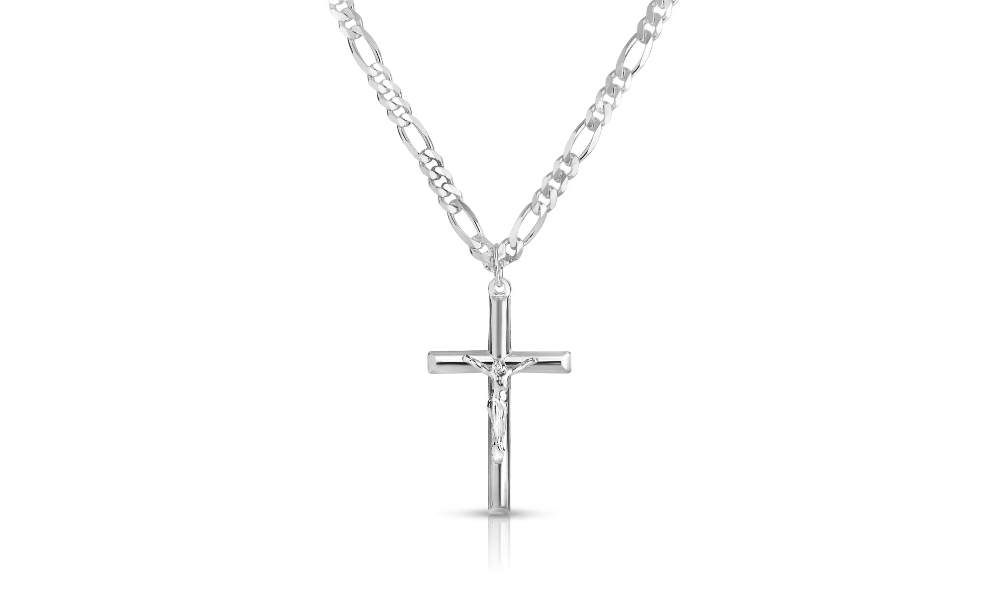 Men's Italian Made Sterling Silver Cross Necklace With 24" Figaro Chain