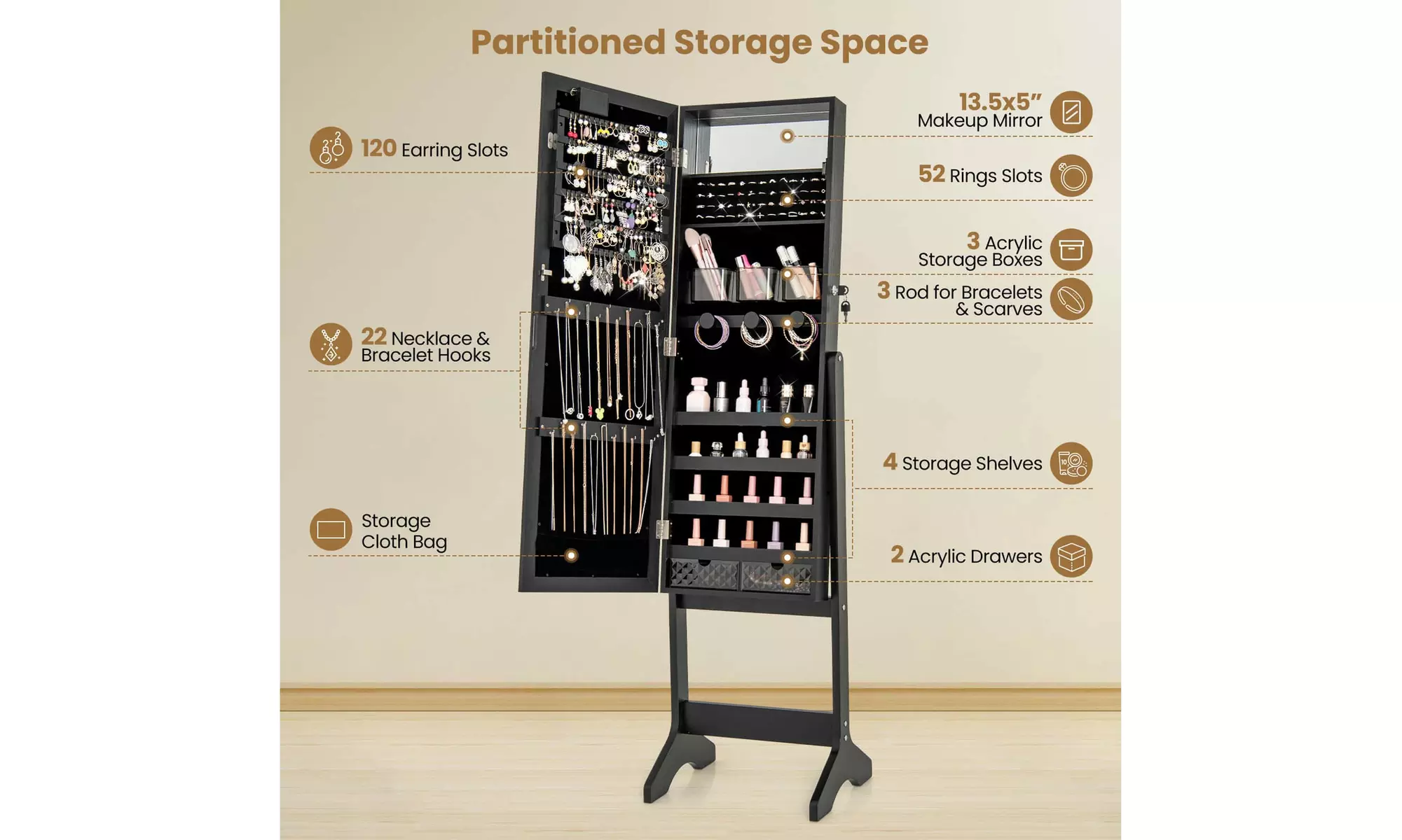 Costway Full-Length LED Mirror Jewelry Cabinet with 20 LED Lights